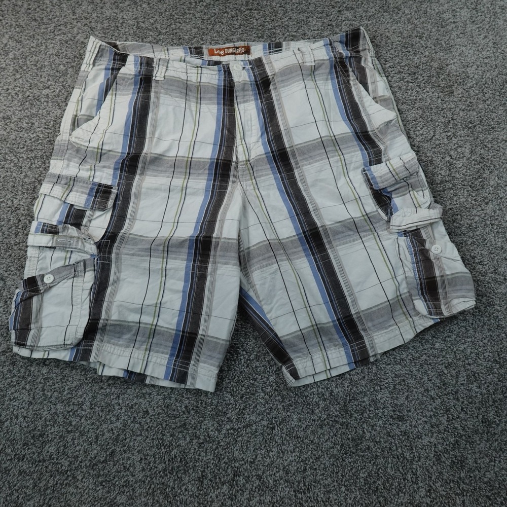 Lee Dungarees Shorts Mens 42 Blue Plaid Cargo Utility Hiking Outdoor Work Preppy